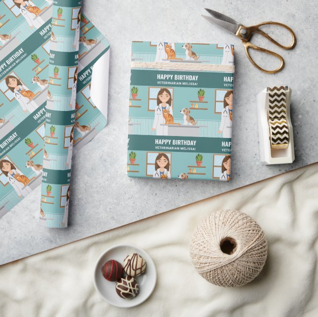Veterinarian Woman Vet Pet Doctor Birthday Custom Wrapping Paper (Crafts)