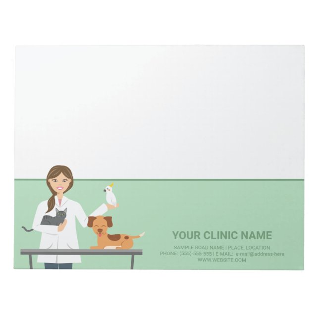Veterinarian Woman With Animals & Business Info Notepad (Front)