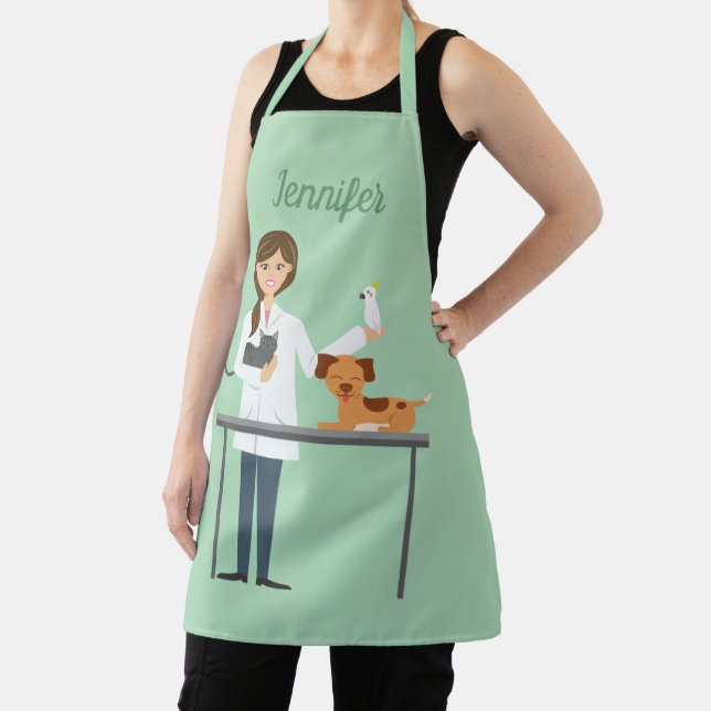 Veterinarian Woman With Animals & Custom Name Apron (Insitu)