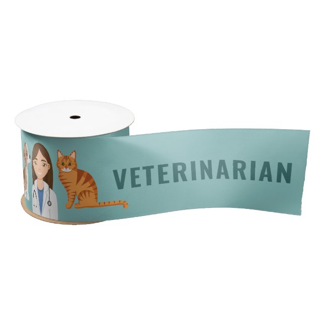 Veterinarian Woman With Puppy Dog And Cat Blue Satin Ribbon (Spool)