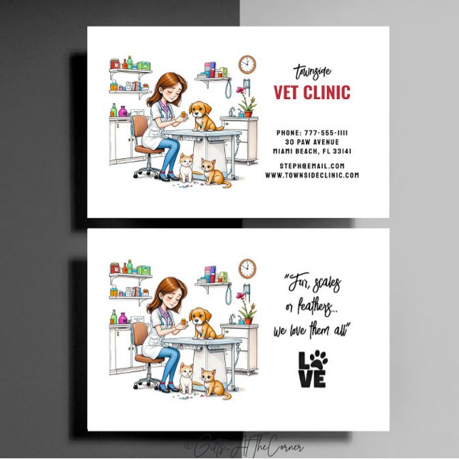 Veterinary Animal Clinic Cute Girl Puppy & Cat Business Card (Creator Uploaded)