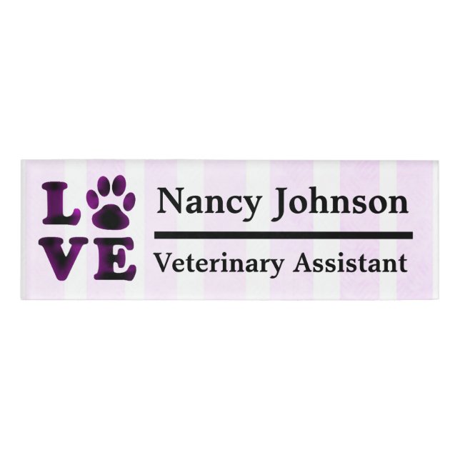 Veterinary Assistant Name Tag Purple Pawprints (Front)