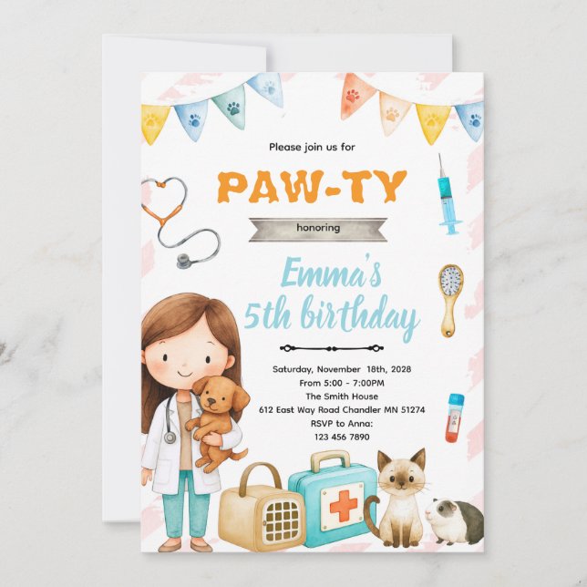 Veterinary birthday theme party invitation (Front)