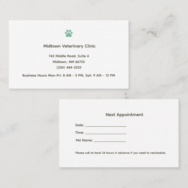 Veterinary Clinic Appointment Reminder Card (Front/Back)
