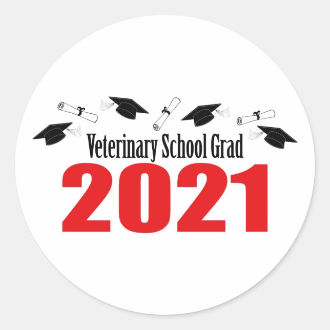 Veterinary Grad 2021 Caps And Diplomas (Red) Classic Round Sticker (Front)