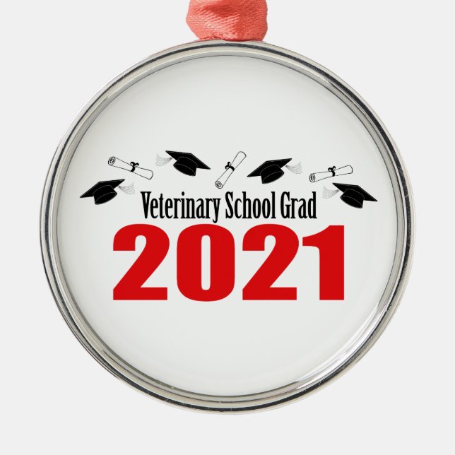 Veterinary Grad 2021 Caps And Diplomas (Red) Metal Ornament (Front)