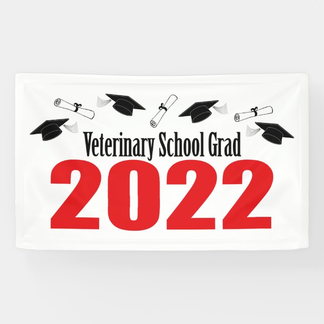 Veterinary School Grad 2022 Caps And Diplomas (Red Banner (Horizontal)