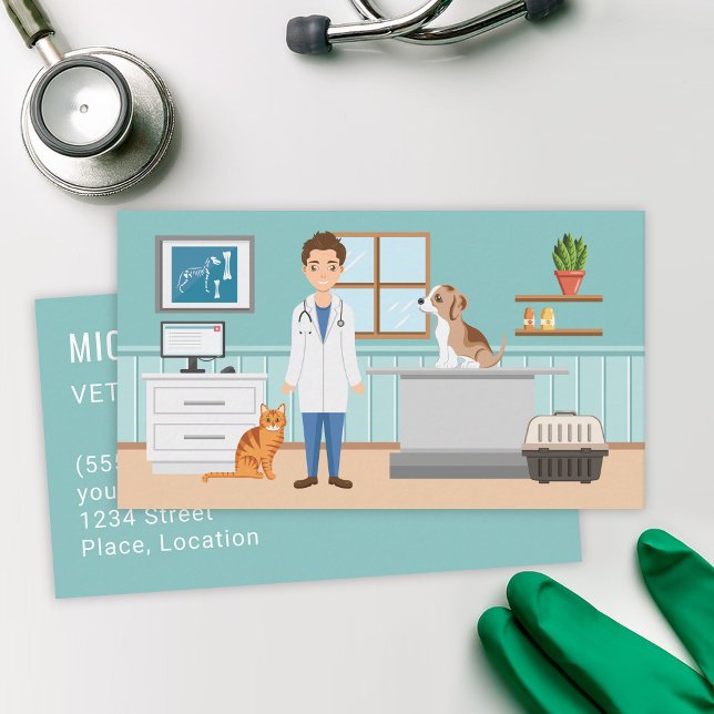 Veterinary Services Vet Man And Pets Animal Clinic Business Card (Creator Uploaded)