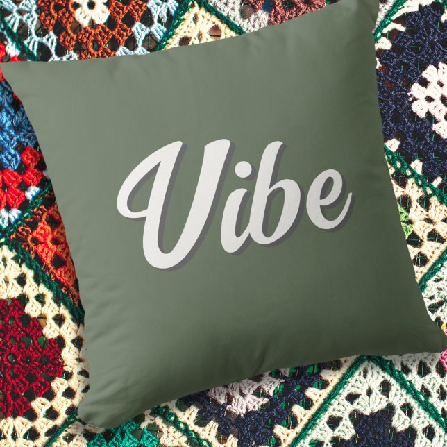 Vibe Groovy Retro Olive Green Cushion (An olive green throw pillow with 'Vibe' in white script typography)