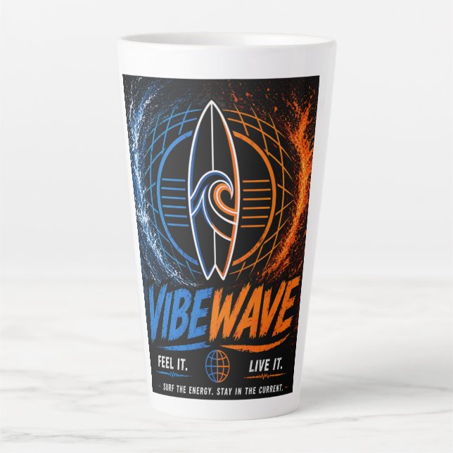 Vibe Wave Neon Surf Poster – Retro Synthwave Aesth Latte Mug (Front)