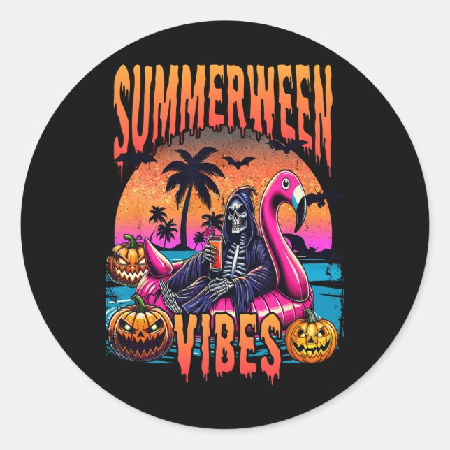 Vibes Halloween Summer Vacation Skeleton Float  Classic Round Sticker (Front)