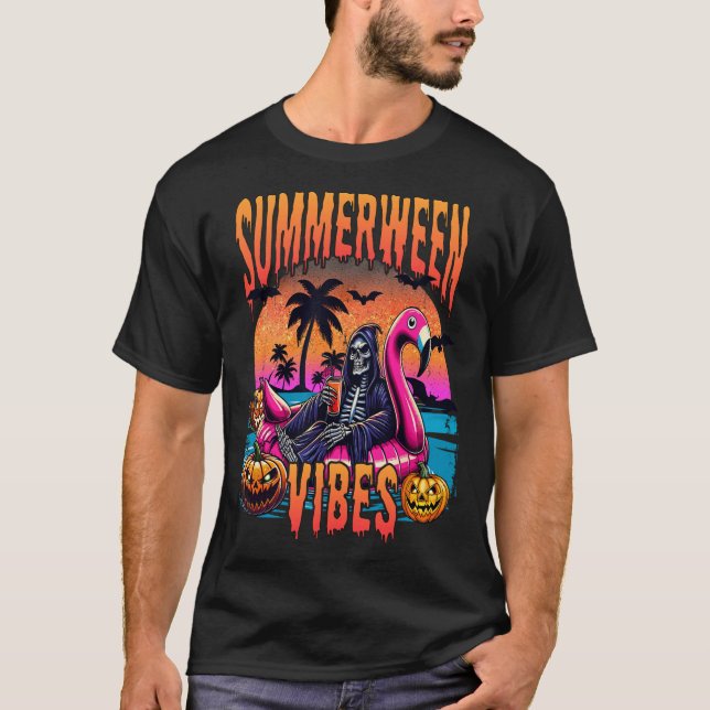 Vibes Halloween Summer Vacation Skeleton Float  T-Shirt (Front)