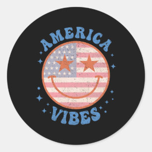 Vibes Happy Face Smile American Flag 4th Of July Classic Round Sticker