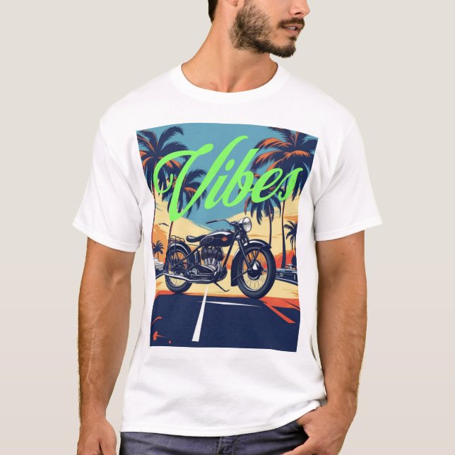 "Vibes" Retro Motorcycle Coastal Road T-Shirt (Front)