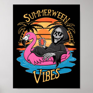 Vibes Skeleton Flamingo Spooky Halloween Summer  Poster