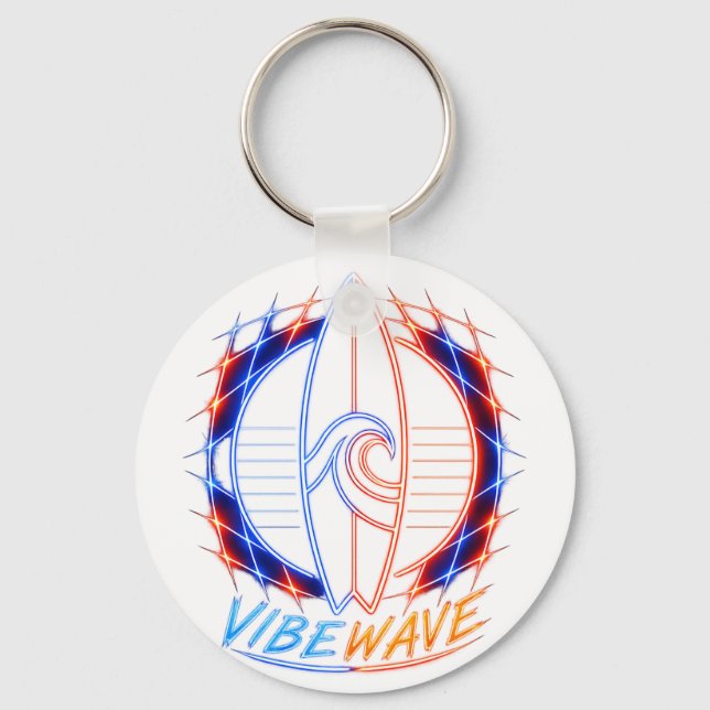 Vibewave Neon Surfboard Design – Retro Wave Glow A Key Ring (Front)