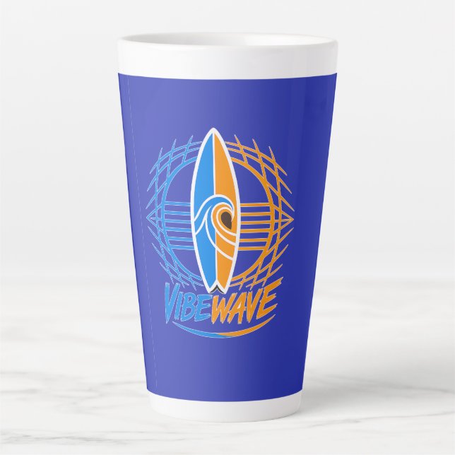 Vibewave Neon Surfboard Design – Retro Wave Glow A Latte Mug (Front)