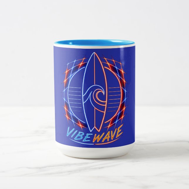 Vibewave Neon Surfboard Design – Retro Wave Glow A Two-Tone Coffee Mug (Center)