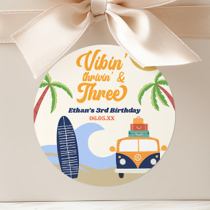 Vibin' & Three Surf Board 3rd Birthday Party Classic Round Sticker
