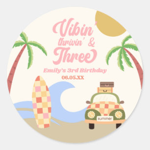 Vibin' & Three Surf Board Pink 3rd Birthday Party Classic Round Sticker
