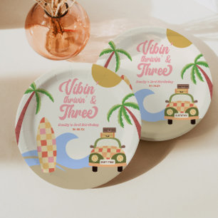 Vibin' & Three Surf Board Pink 3rd Birthday Party Paper Plate
