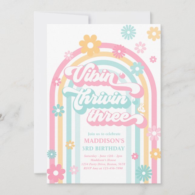 Vibin' Thrivin' Three Boho Daisy Rainbow Birthday Invitation (Front)