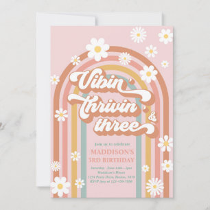 Vibin' Thrivin' Three Boho Daisy Rainbow Birthday Invitation