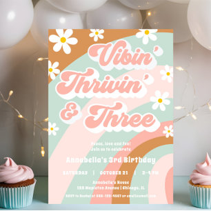 Vibin' Thrivin' THREE Groovy 3rd birthday retro Invitation