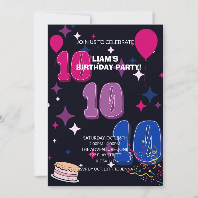 Vibrant 10th Birthday | Pink Blue Confetti Invitation (Front)