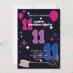 Vibrant 11th Birthday Pink Blue Confetti Invitation