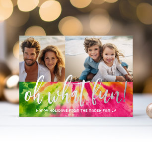 Vibrant 2 Photo Tie-Dye Christmas - Oh What Fun! Foil Holiday Card