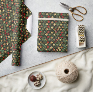 Vibrant 2D Star Pattern – Red, Green, and Gold Wrapping Paper