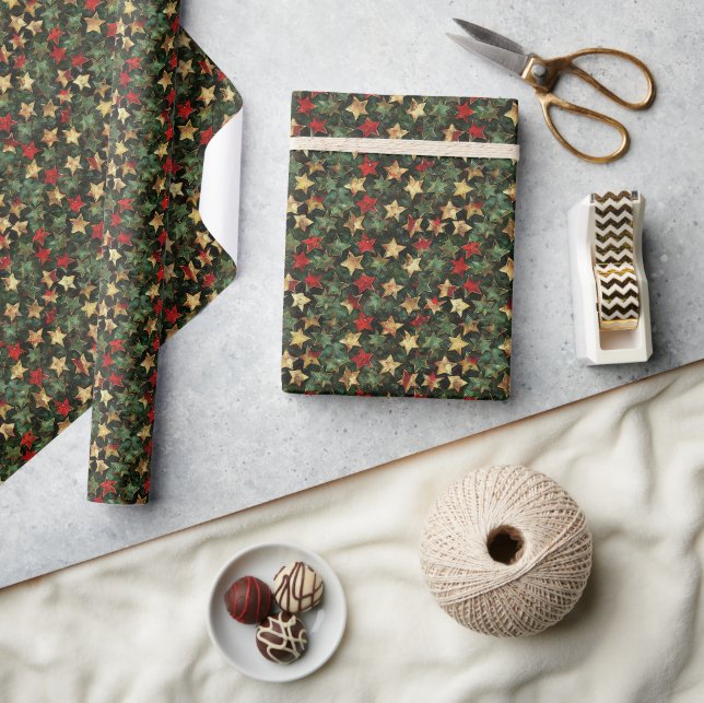 Vibrant 2D Star Pattern – Red, Green, and Gold Wrapping Paper (Crafts)