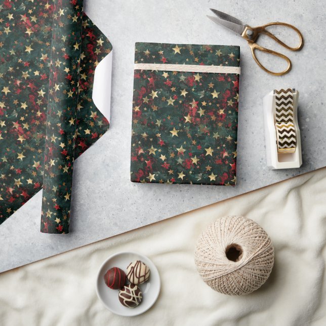 Vibrant 2D Star Pattern – Red, Green, and Gold Wrapping Paper (Crafts)