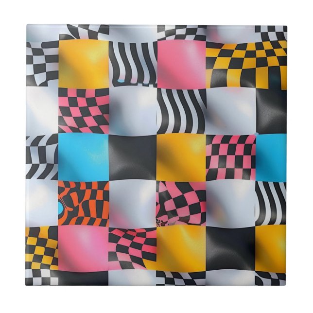 Vibrant 3D Chequerboard – Playful Retro Pop Ceramic Tile (Front)
