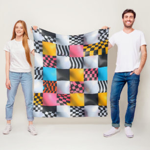 Vibrant 3D Chequerboard – Playful Retro Pop Fleece Blanket