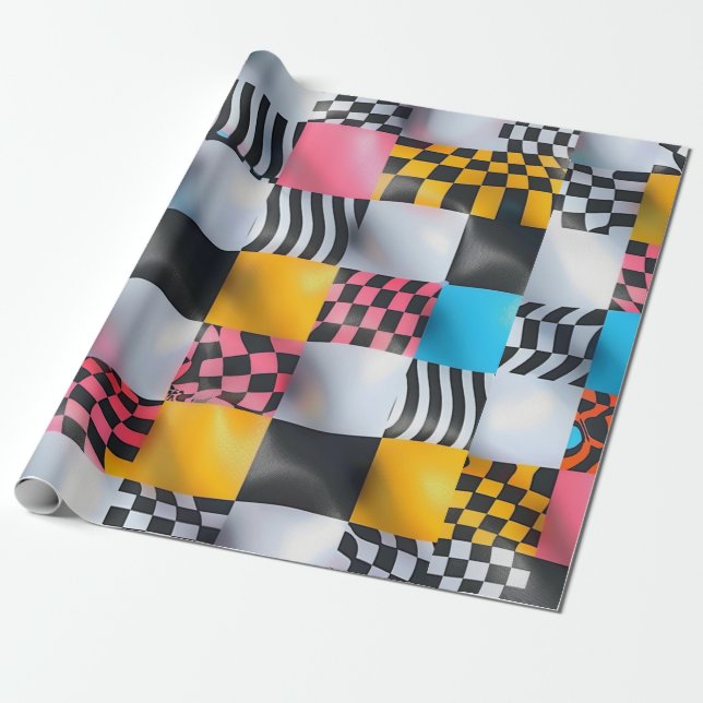 Vibrant 3D Chequerboard – Playful Retro Pop Wrapping Paper (Unrolled)