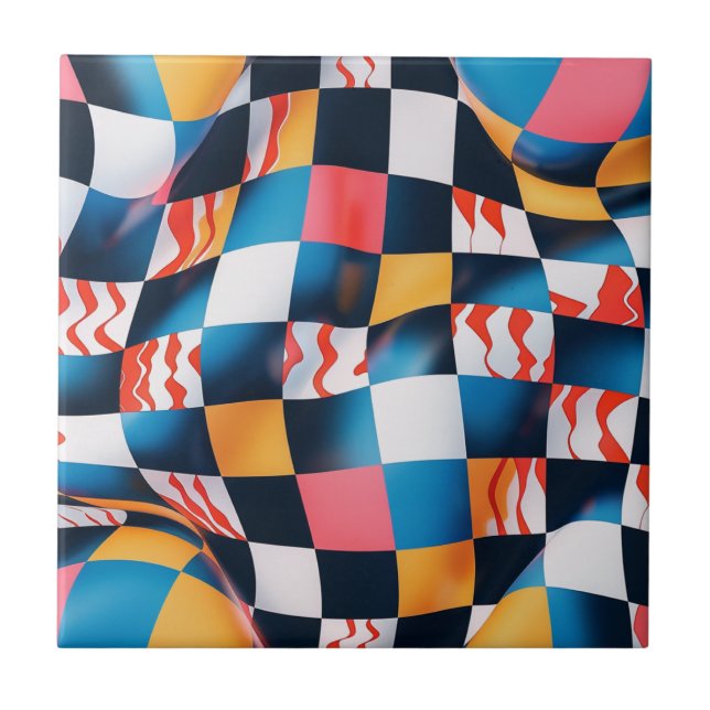 Vibrant 3D Fabric Ripple Chequerboard Pattern Ceramic Tile (Front)