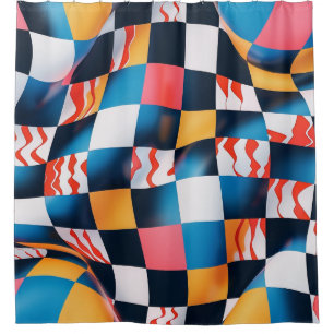 Vibrant 3D Fabric Ripple Chequerboard Pattern Shower Curtain
