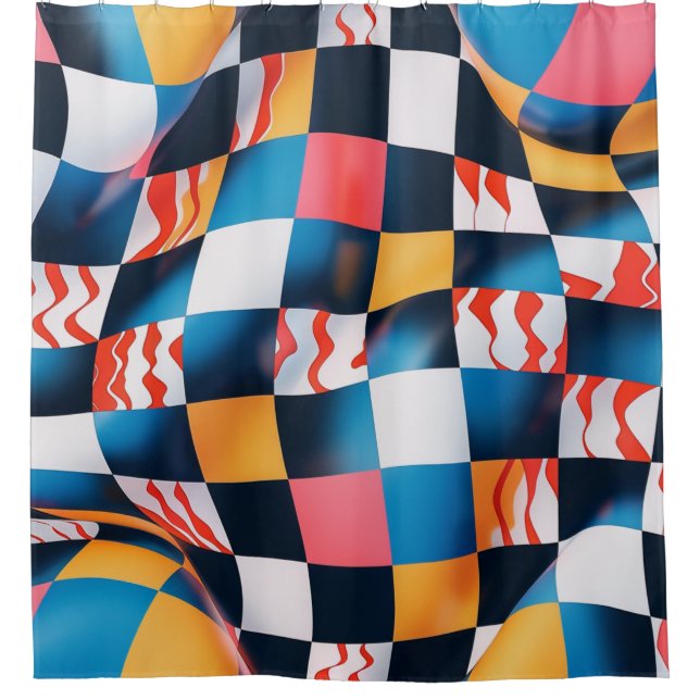Vibrant 3D Fabric Ripple Chequerboard Pattern Shower Curtain (Front)