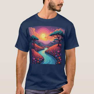 Vibrant 70s dreamscape blending nature and groovy  T-Shirt
