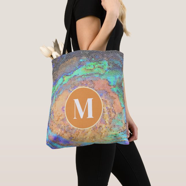 Vibrant Abalone Shell Mosaic Pattern Monogram Tote Bag (Close Up)