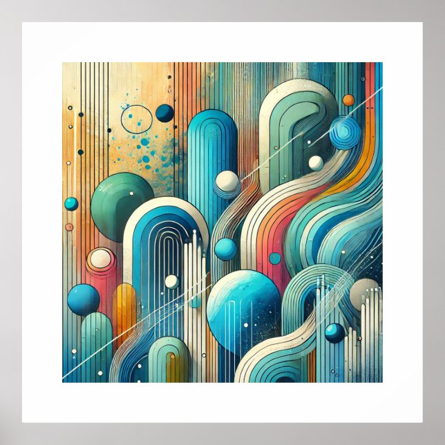 Vibrant Abstract Art with Blue and Teal Oval Forms Poster (Front)
