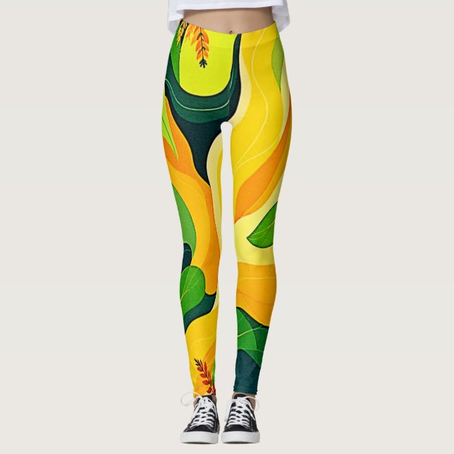 Vibrant Abstract Botanical Art Leggings (Front)
