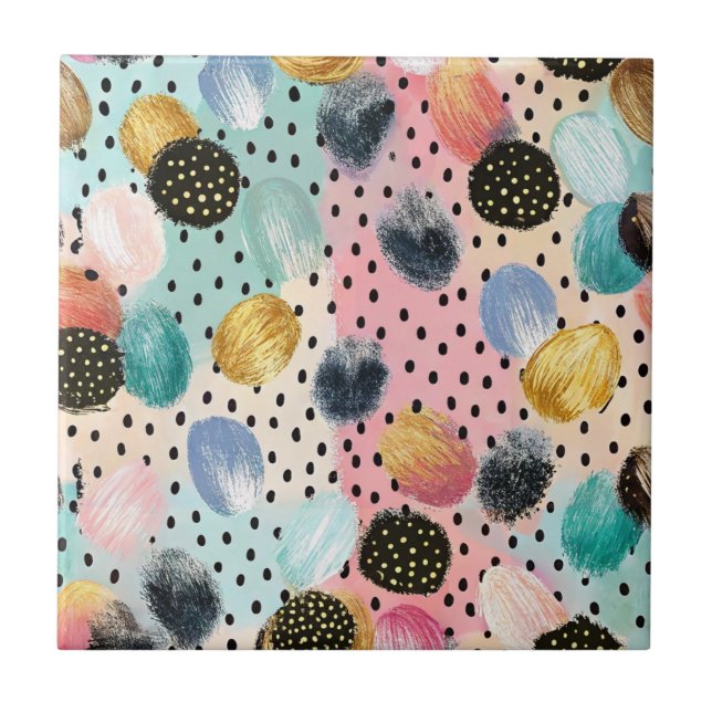 Vibrant Abstract Brushstroke & Polka Dot Pattern Ceramic Tile (Front)