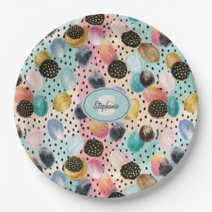 Vibrant Abstract Brushstroke & Polka Dot Pattern Paper Plate