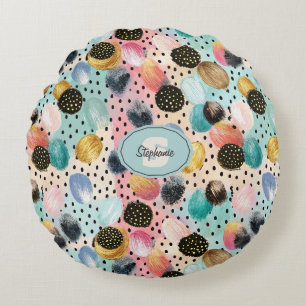 Vibrant Abstract Brushstroke & Polka Dot Pattern Round Cushion