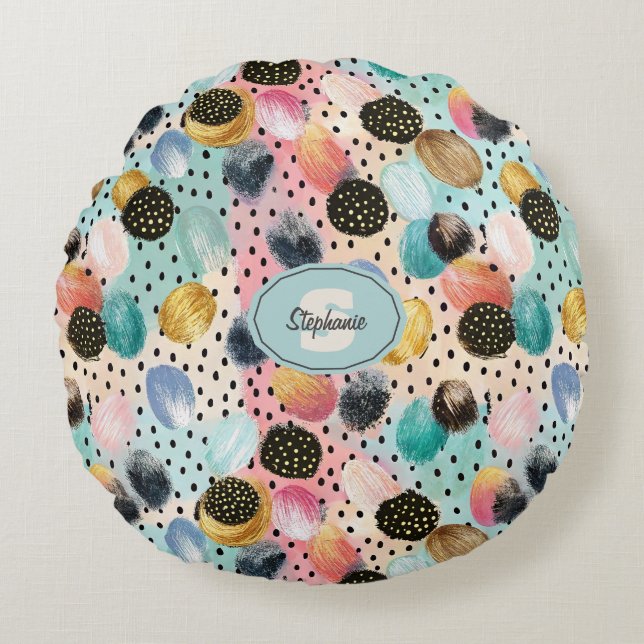 Vibrant Abstract Brushstroke & Polka Dot Pattern Round Cushion (Front)