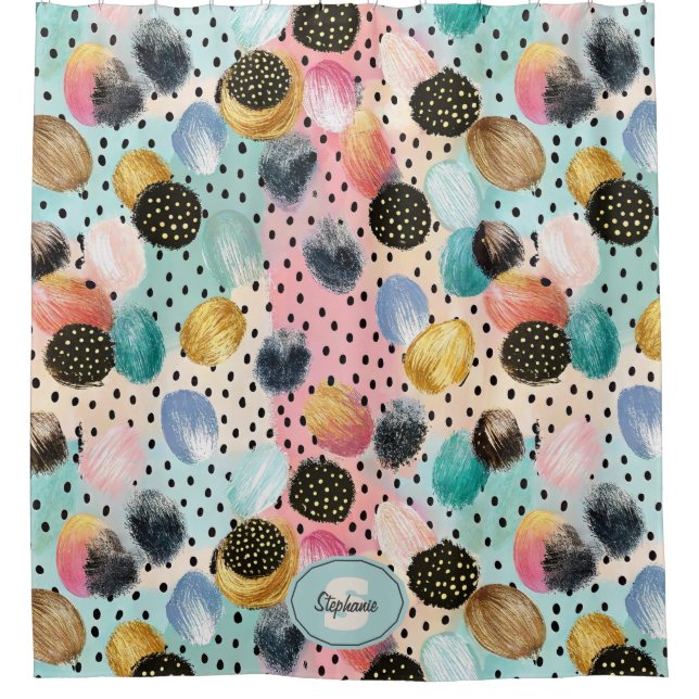 Vibrant Abstract Brushstroke & Polka Dot Pattern Shower Curtain (Front)