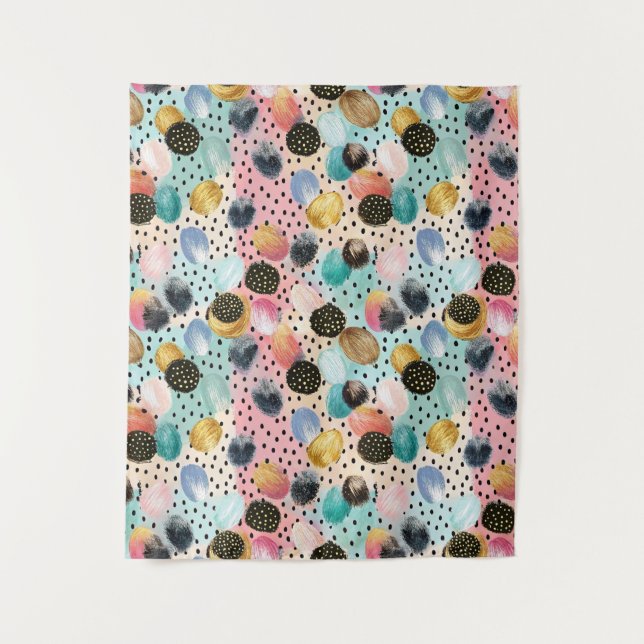 Vibrant Abstract Brushstroke & Polka Dot Pattern Tapestry (Front)